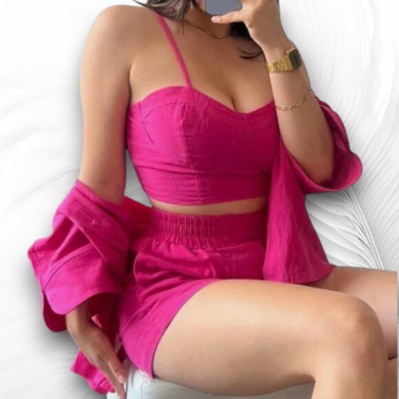 Hot Pink Three Piece Set Shirt Shorts Crop Top Size M - Picture 1 of 7